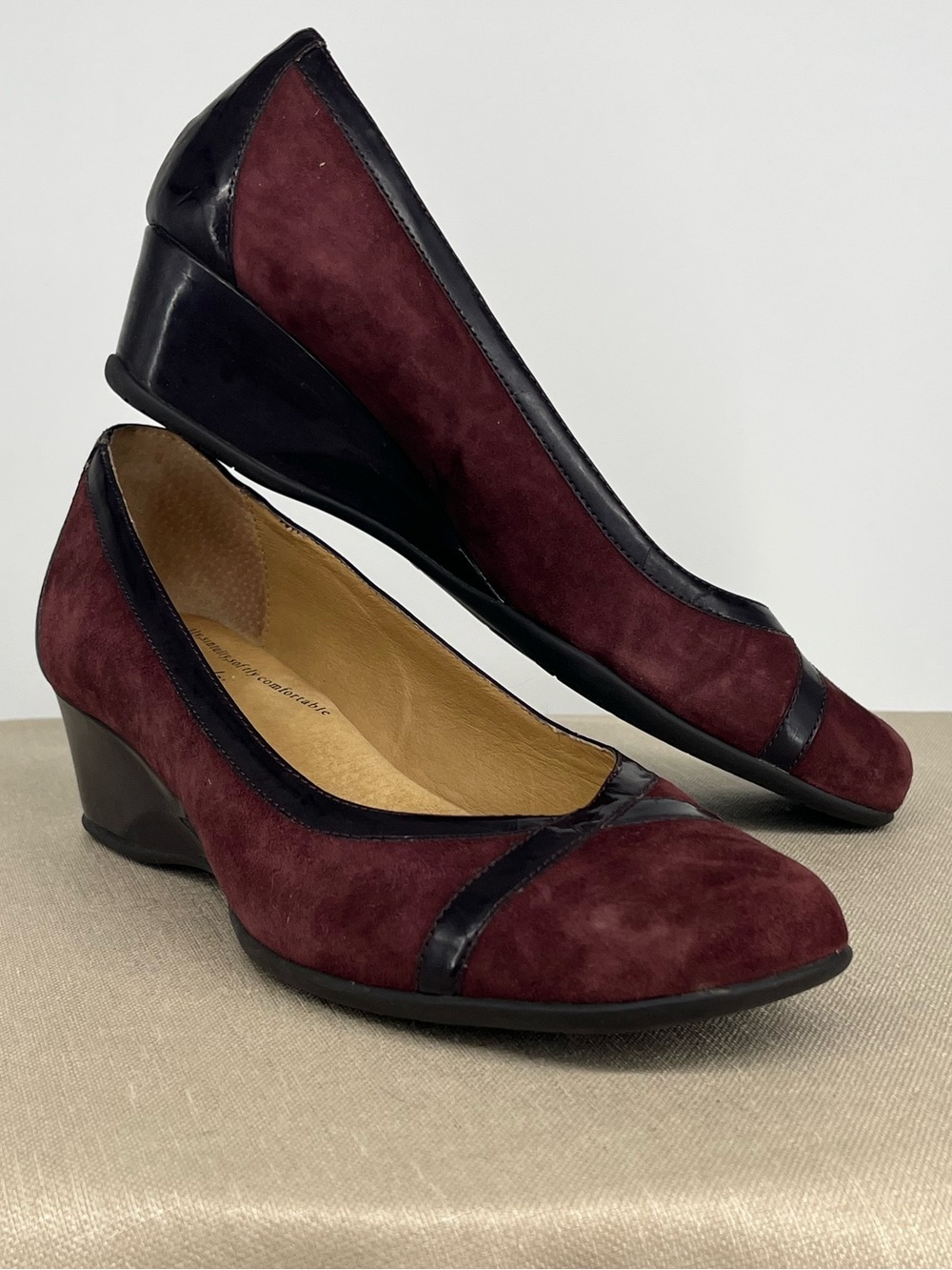 Softspots Burgundy and Black Suede Low Wedge Pumps